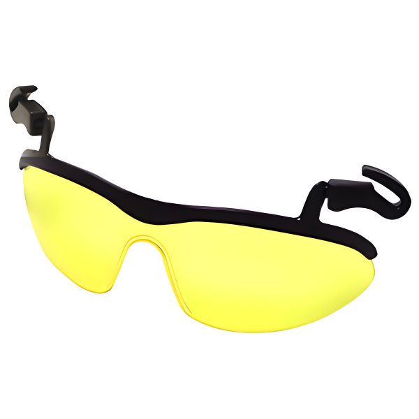 Brimz hunting and outdoor sports glasses with yellow lens, designed for optimal visibility in low light. Features include 100% UV protection, lightweight construction, scratch and shatter resistance, and a wrap-around design for superior protection. Available in various frame colors.